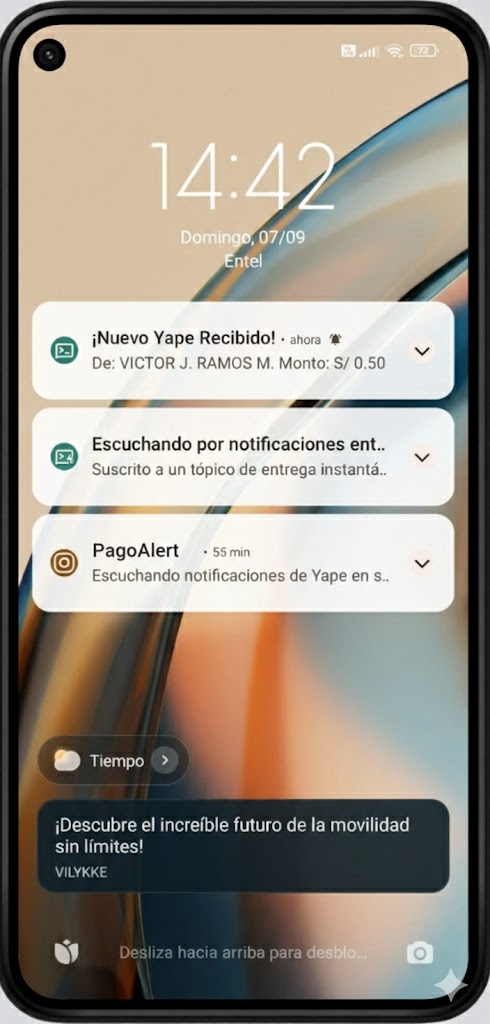 Notificación push de ntfy mostrando un pago Yape recibido con monto y nombre